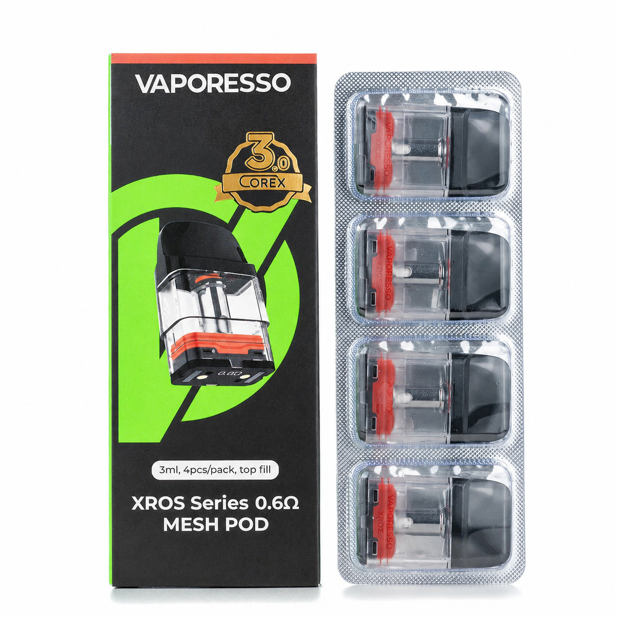 Vaporesso XROS Series mesh pod packaging with four pods on a white background