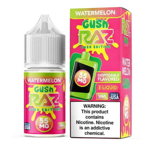 Gush Raz watermelon e-liquid bottle and packaging on a white background