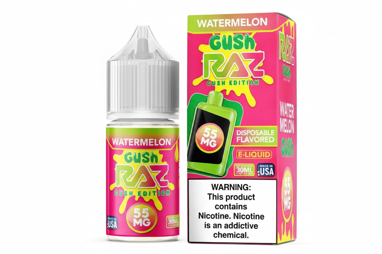 Gush Raz watermelon e-liquid bottle and packaging on a white background