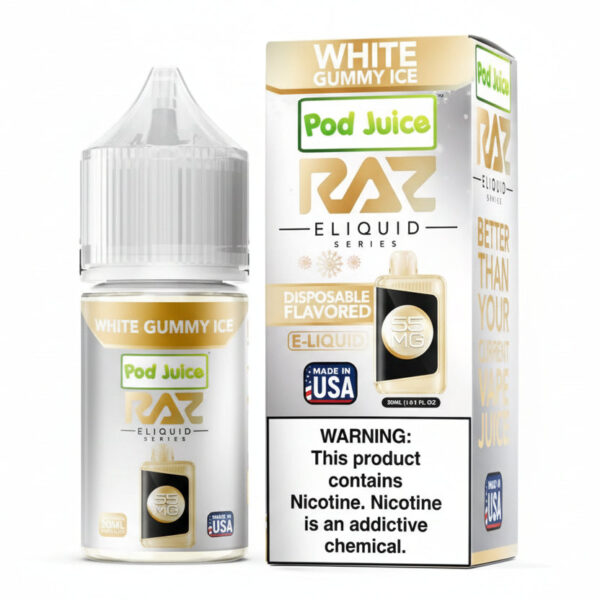 Pod Juice RAZ E-Liquid bottle and packaging on a white background
