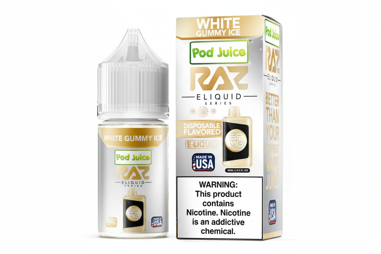 Pod Juice RAZ E-Liquid bottle and packaging on a white background