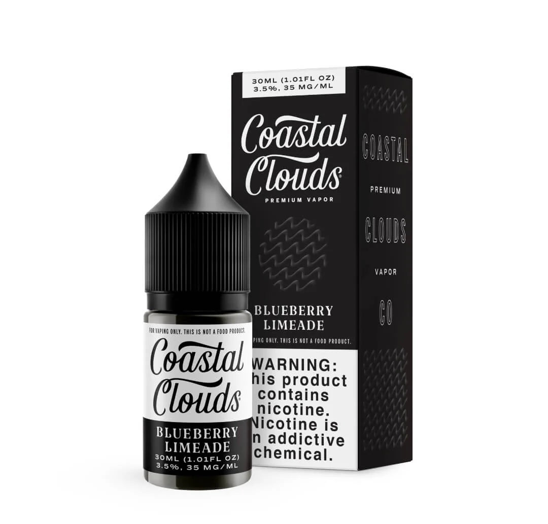Coastal Clouds Strawberry Ice vape juice bottle and packaging on a white background