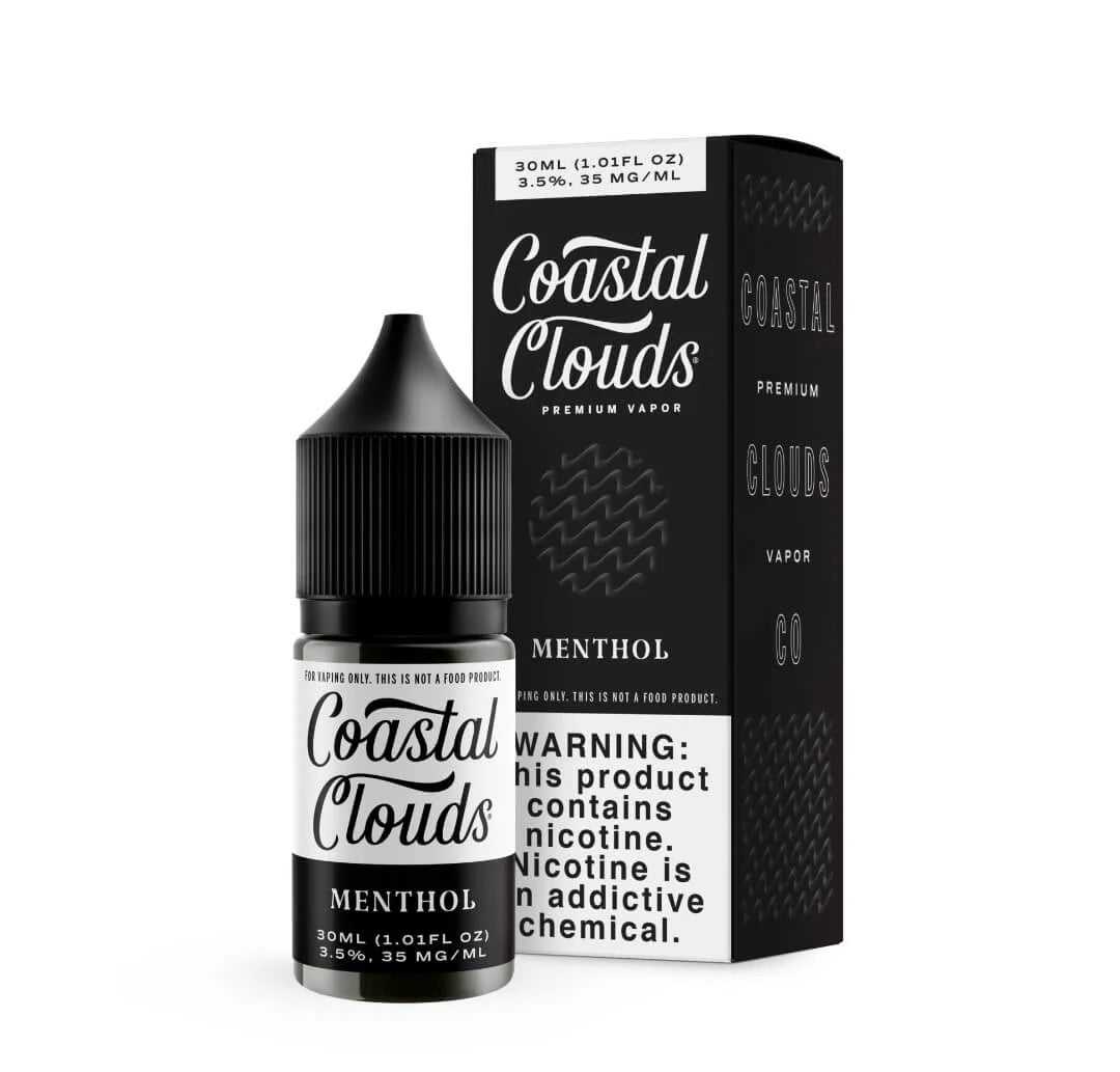Coastal Clouds Tobacco vape juice bottle and packaging on a white background