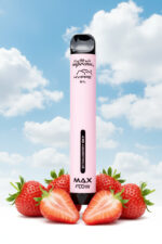Pink vape pen with branding on a white background