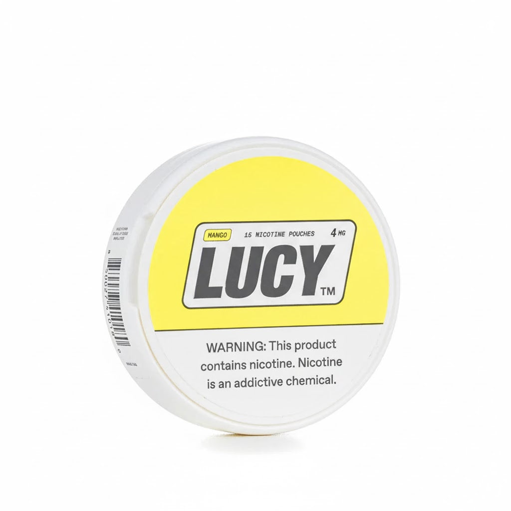 Lucy nicotine pouch container with yellow label on a white background