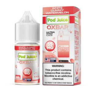 oxbar-30ml-pod-juice-edition-white-gummy-watermelon__09581 Pod Juice OXBAR White Gummy Watermelon vape juice bottle and packaging on a white background
