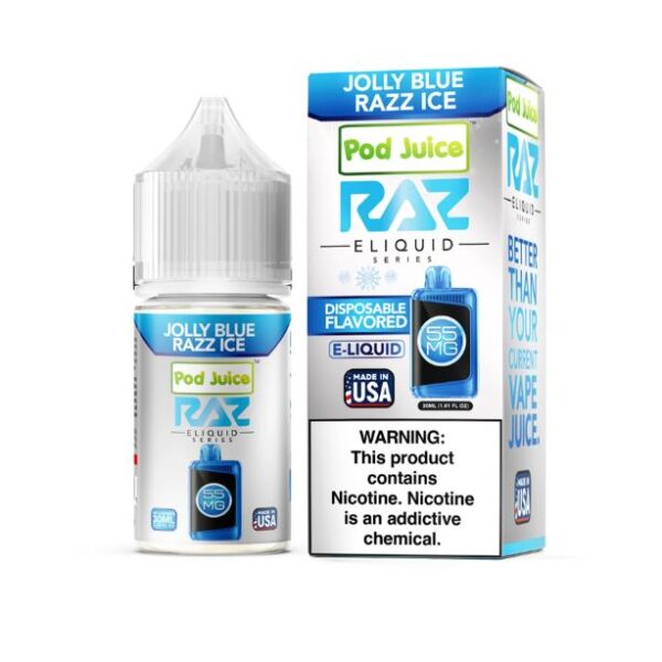 Pod Juice RAZ e-liquid bottle and packaging on a white background