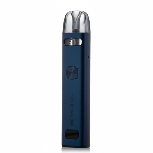 Blue vape device with silver top on a white background