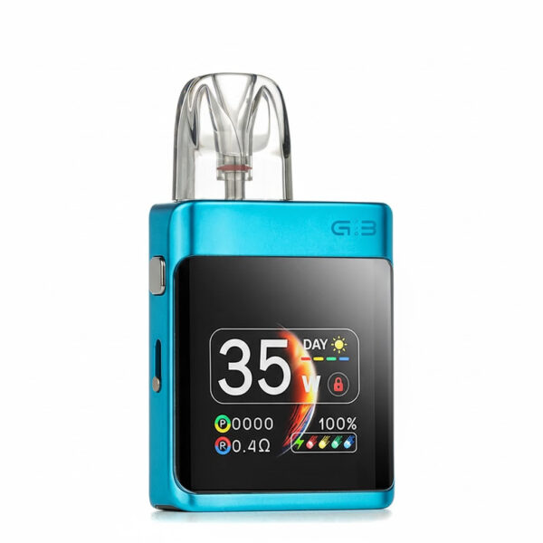 Blue electronic device with a digital display on a white background