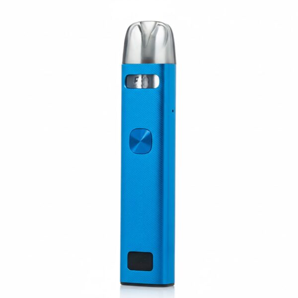 Blue electronic device with a silver top on a white background