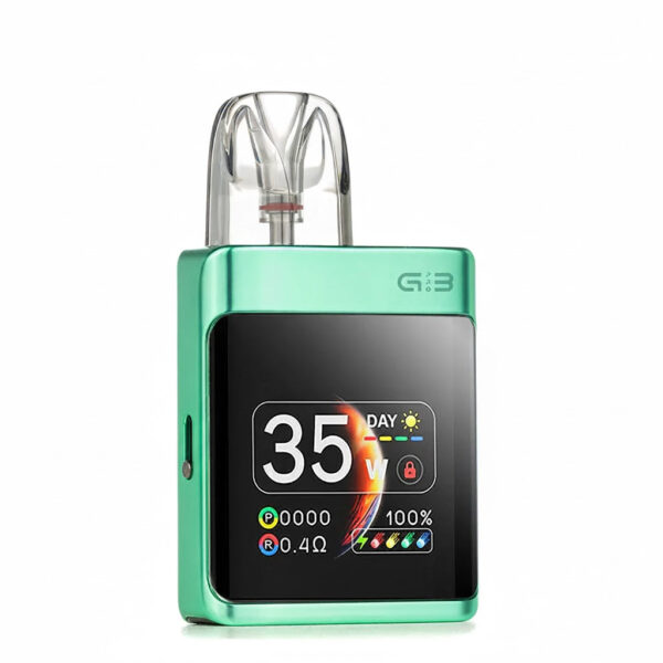 Green electronic device with digital display on a white background