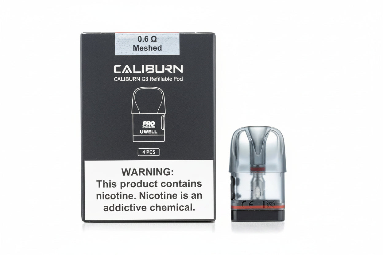 Caliburn G3 refillable pod with packaging on a white background
