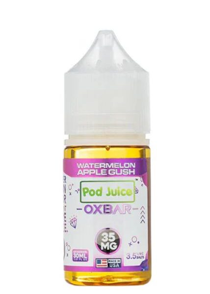 Pod Juice OXBAR vape juice bottle with watermelon apple gush flavor on a white background