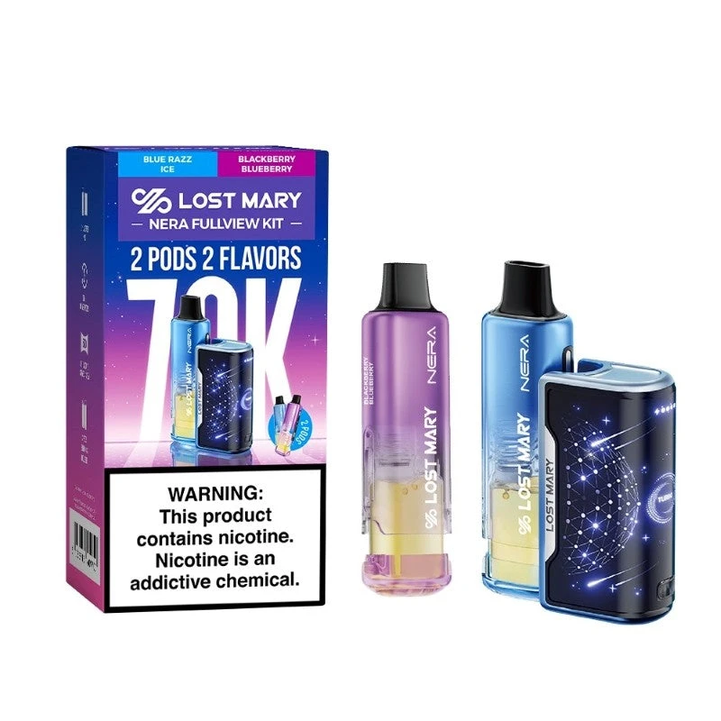 Blue Razz Ice + Blackberry Blueberry LOST MARY NERA FULLVIEW 70K DISPOSABLE VAPE KIT with box, two pods, and rechargeable device