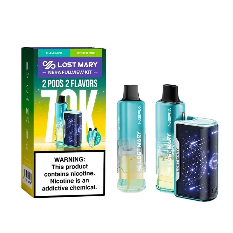 Miami Mint + Winter Mint LOST MARY NERA FULLVIEW 70K DISPOSABLE VAPE KIT with box, two pods, and rechargeable device