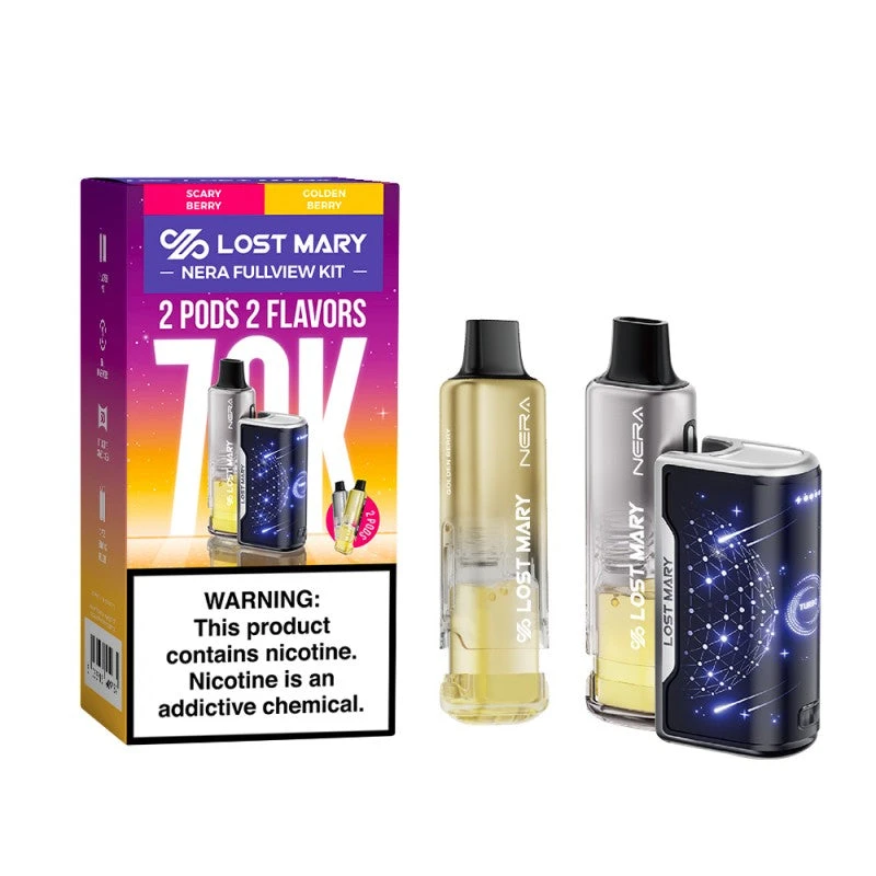 Scary Berry + Golden Berry LOST MARY NERA FULLVIEW 70K DISPOSABLE VAPE KIT with box, two pods, and rechargeable device