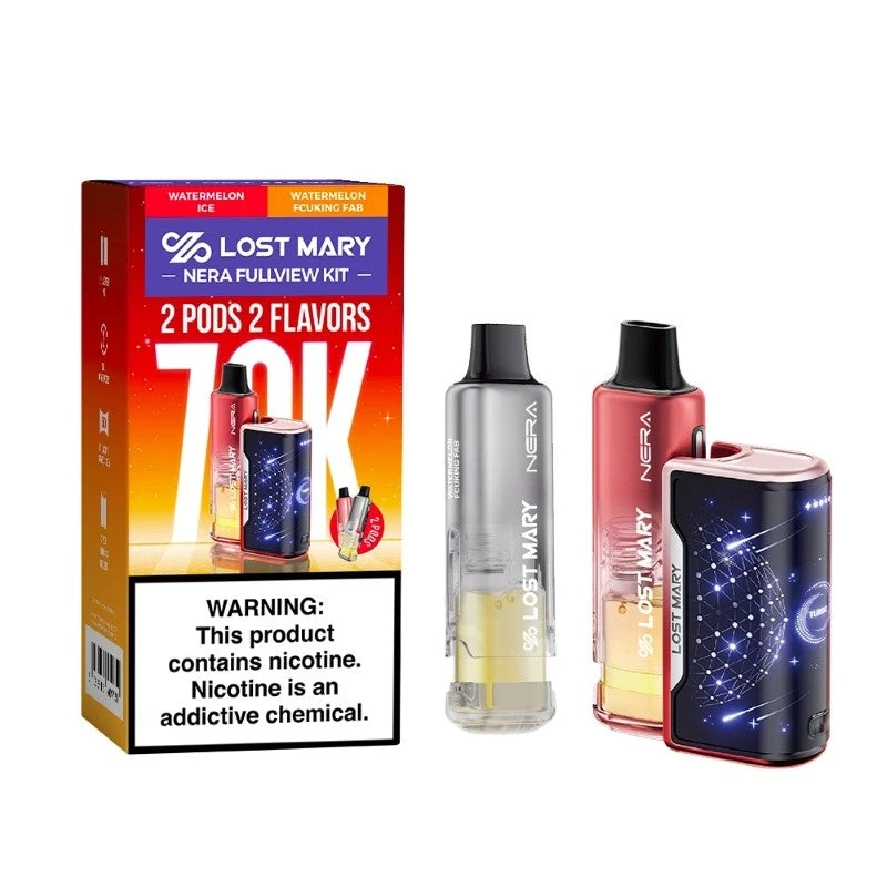 Watermelon Ice + Watermelon Fcuking Fab LOST MARY NERA FULLVIEW 70K DISPOSABLE VAPE KIT with box, two pods, and rechargeable device