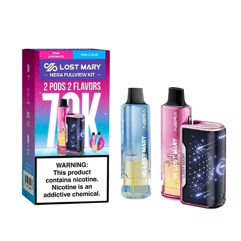 Pink Lemonade + Pink & Blue LOST MARY NERA FULLVIEW 70K DISPOSABLE VAPE KIT with box, two pods, and rechargeable device